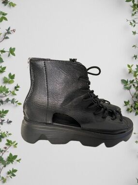 Faux leather Black Lace-Up Cutout Platform Sandal Boot